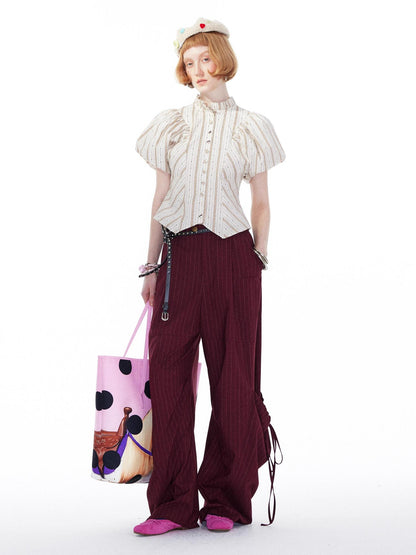 YOSHUYUKI Vintage Stripe Blouse With Puffed Sleeves