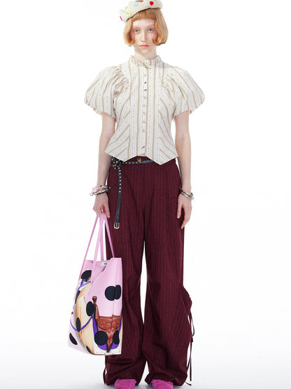 YOSHUYUKI Vintage Stripe Blouse With Puffed Sleeves