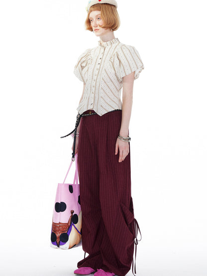 YOSHUYUKI Vintage Stripe Blouse With Puffed Sleeves
