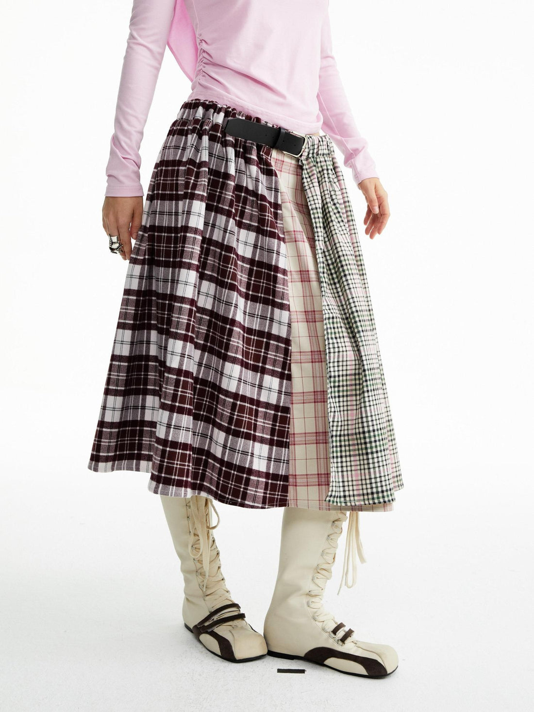 YOSHUYUKI Vintage Tie Waist Asymmetric Patchwork Plaid Tencel Loose Midi Skirt