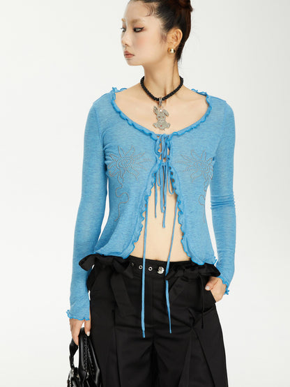 YOSHUYUKI Viscose Acrylic Wool Blend Blue Sheer Knit Cardigan