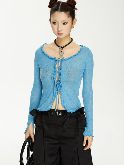 YOSHUYUKI Viscose Acrylic Wool Blend Blue Sheer Knit Cardigan