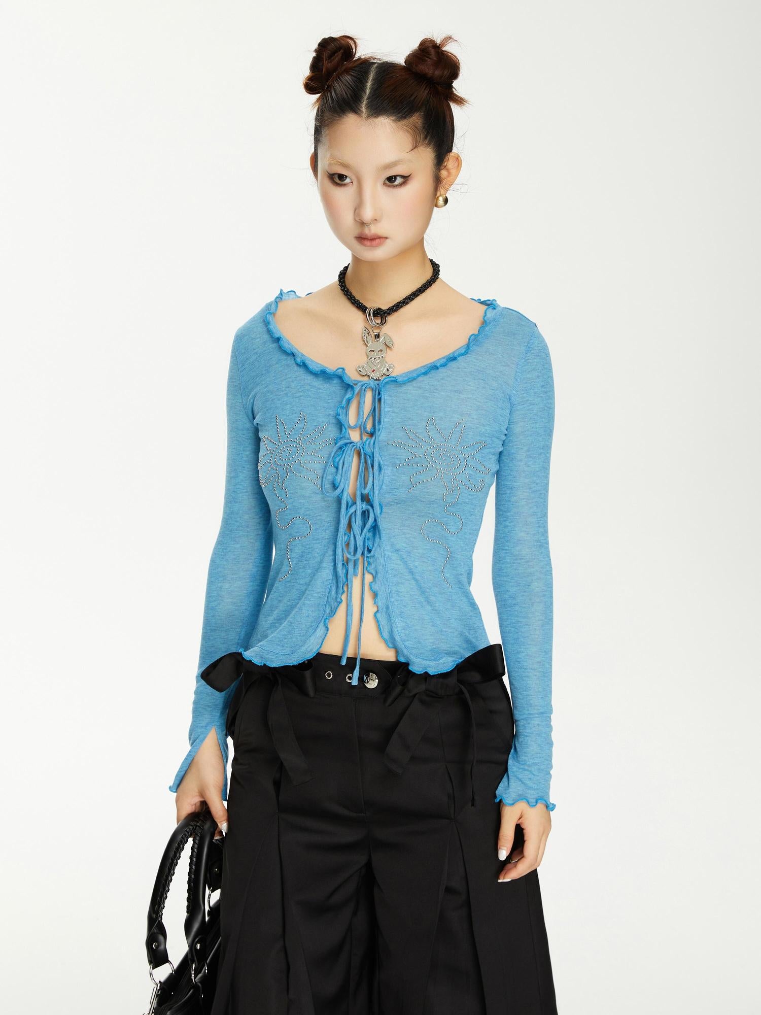 YOSHUYUKI Viscose Acrylic Wool Blend Blue Sheer Knit Cardigan