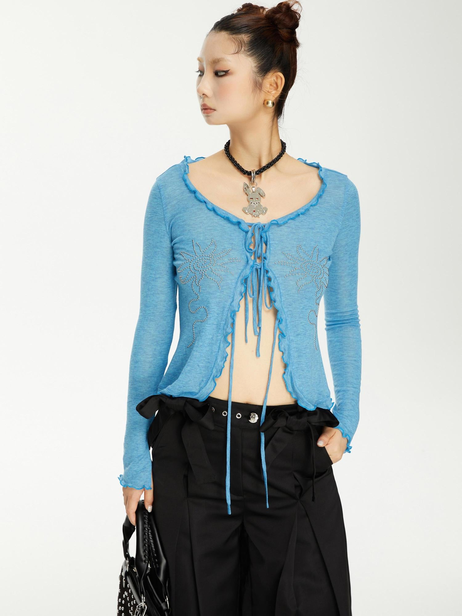 YOSHUYUKI Viscose Acrylic Wool Blend Blue Sheer Knit Cardigan