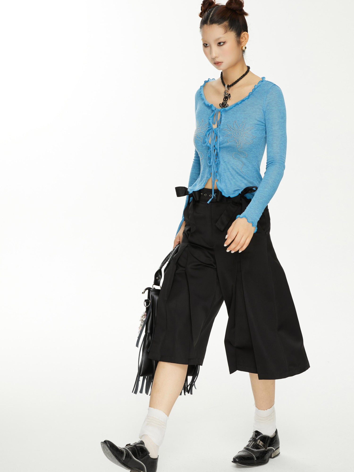 YOSHUYUKI Viscose Acrylic Wool Blend Blue Sheer Knit Cardigan