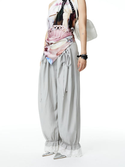 YOSHUYUKI Viscose Blend Loose Straight Leg Pockets Elastic Waist Natural Rise Gray Pants-1