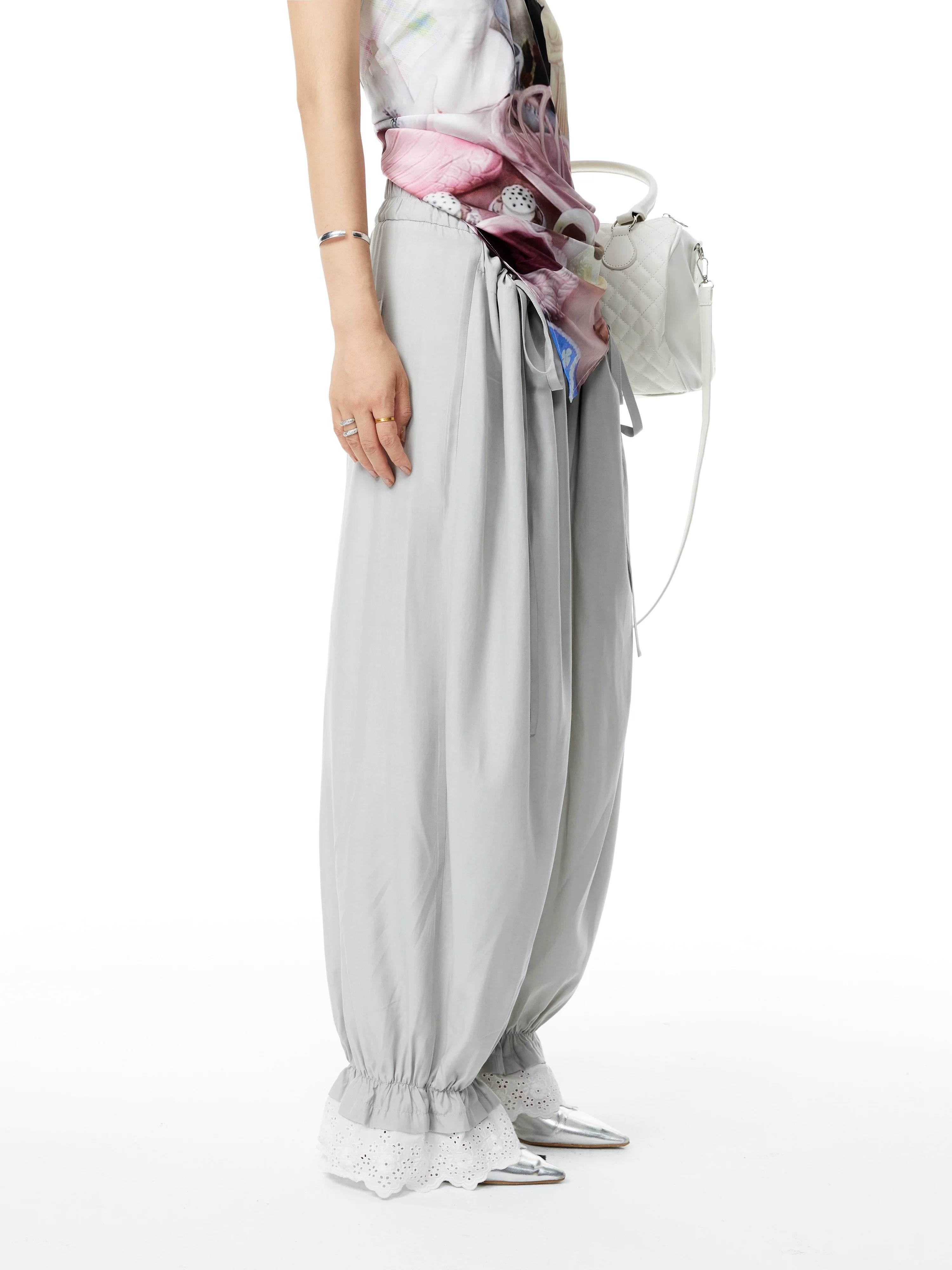 YOSHUYUKI Viscose Blend Loose Straight Leg Pockets Elastic Waist Natural Rise Gray Pants-2