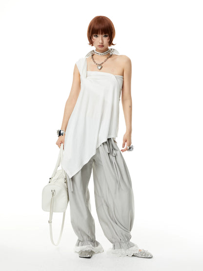 YOSHUYUKI Viscose Blend Loose Straight Leg Pockets Elastic Waist Natural Rise Gray Pants-5