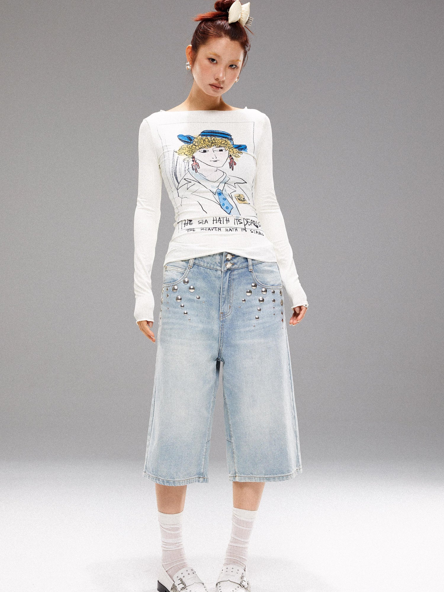 YOSHUYUKI Washed Blue Denim Mid Shorts With Metal Rivets