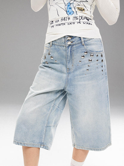 YOSHUYUKI Washed Blue Denim Mid Shorts With Metal Rivets