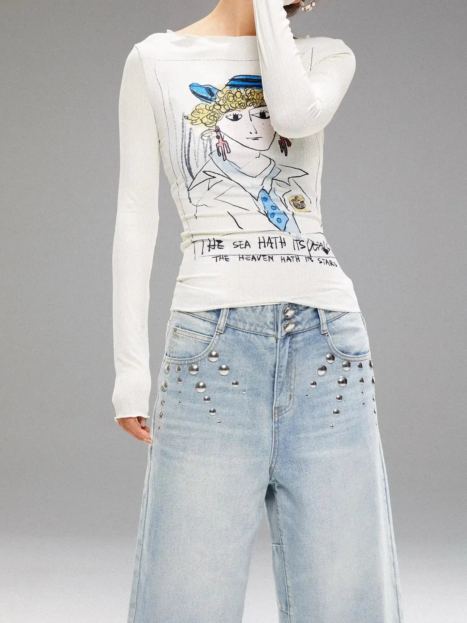 Washed Blue Denim Mid Shorts With Metal Rivets
