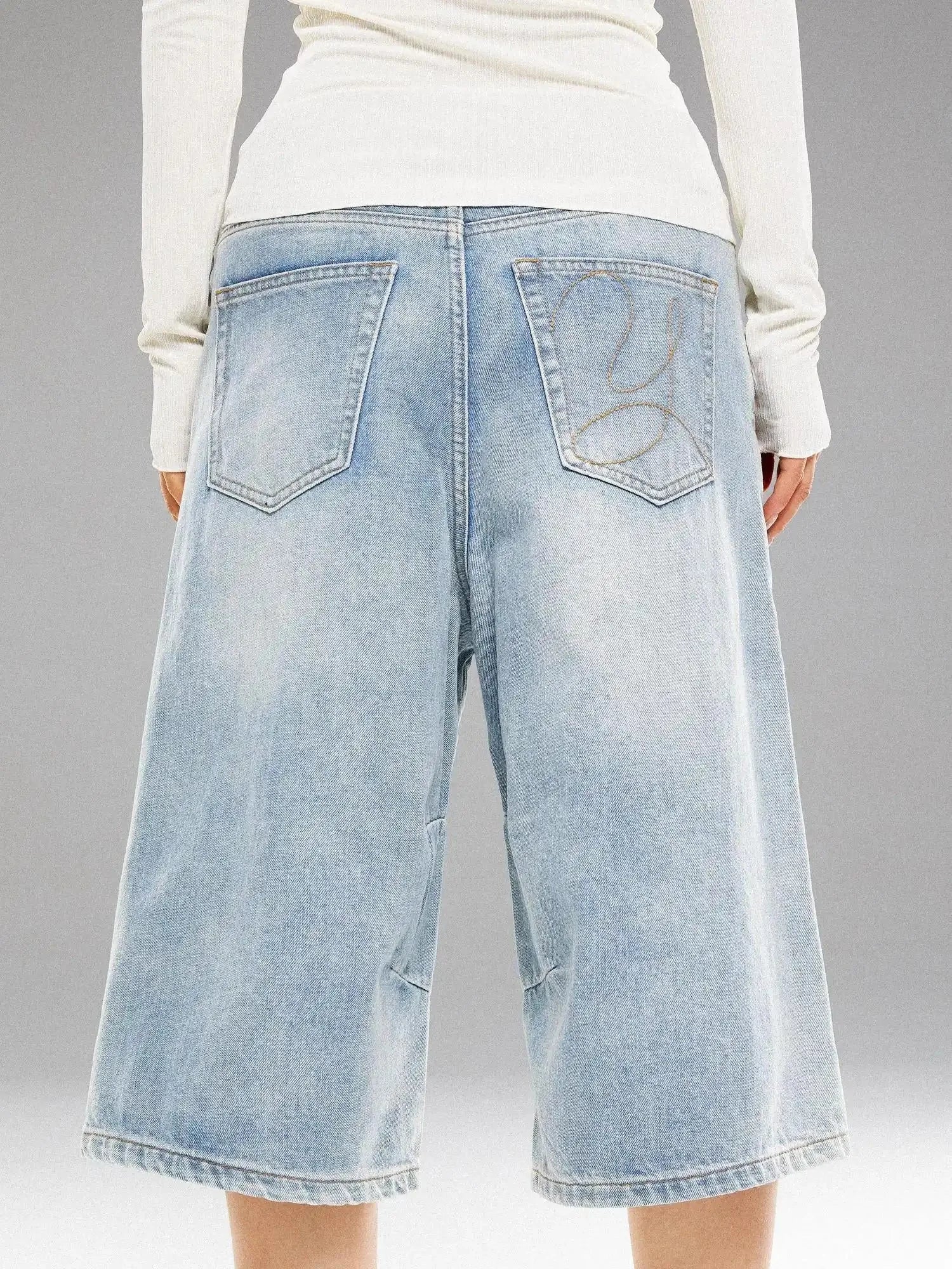 Washed Blue Denim Mid Shorts With Metal Rivets