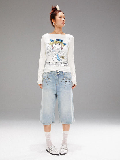 YOSHUYUKI Washed Blue Denim Mid Shorts With Metal Rivets