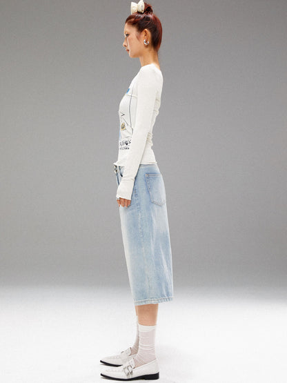 YOSHUYUKI Washed Blue Denim Mid Shorts With Metal Rivets