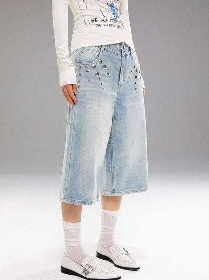 YOSHUYUKI Washed Blue Denim Mid Shorts With Metal Rivets