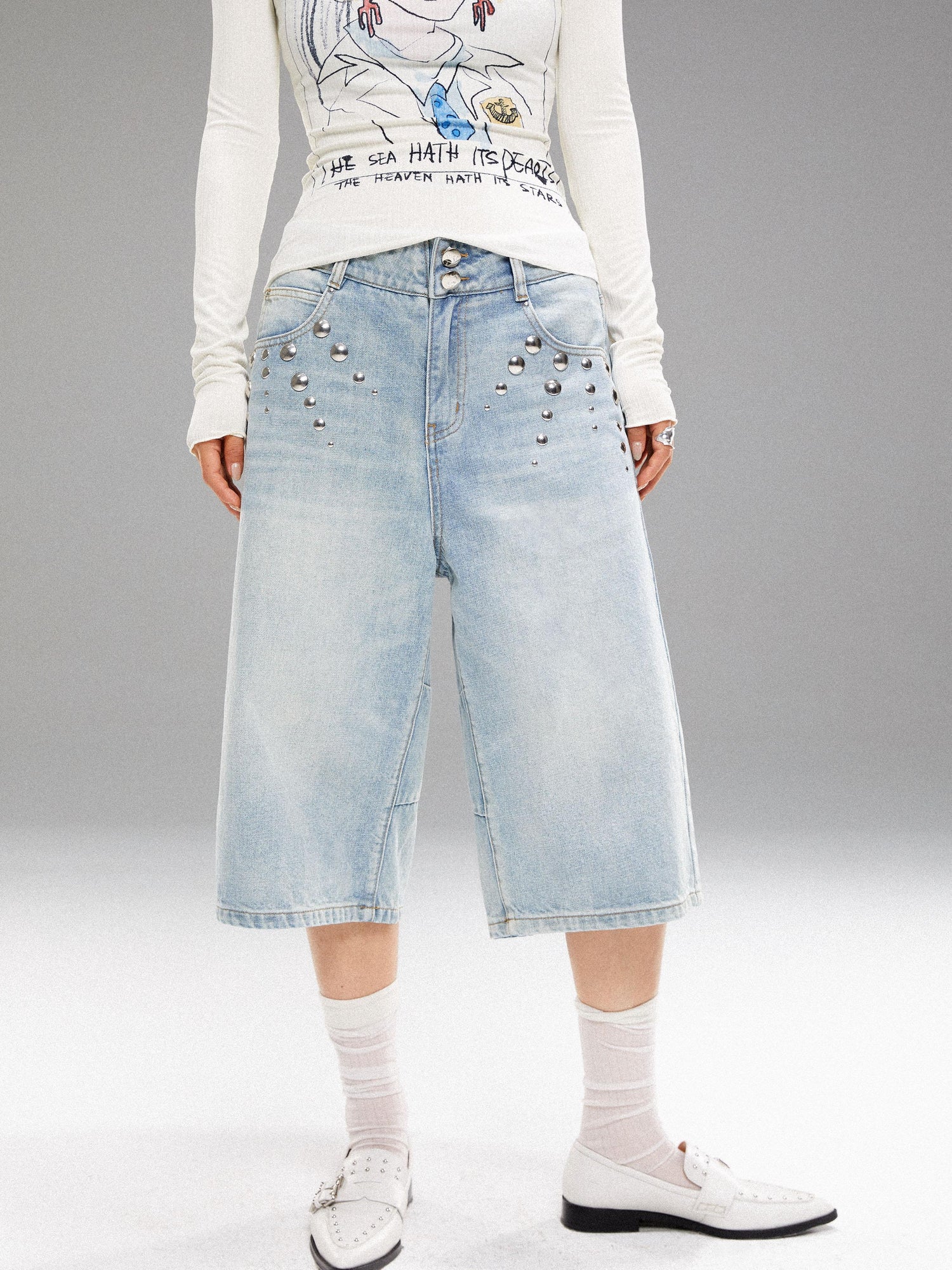 YOSHUYUKI Washed Blue Denim Mid Shorts With Metal Rivets