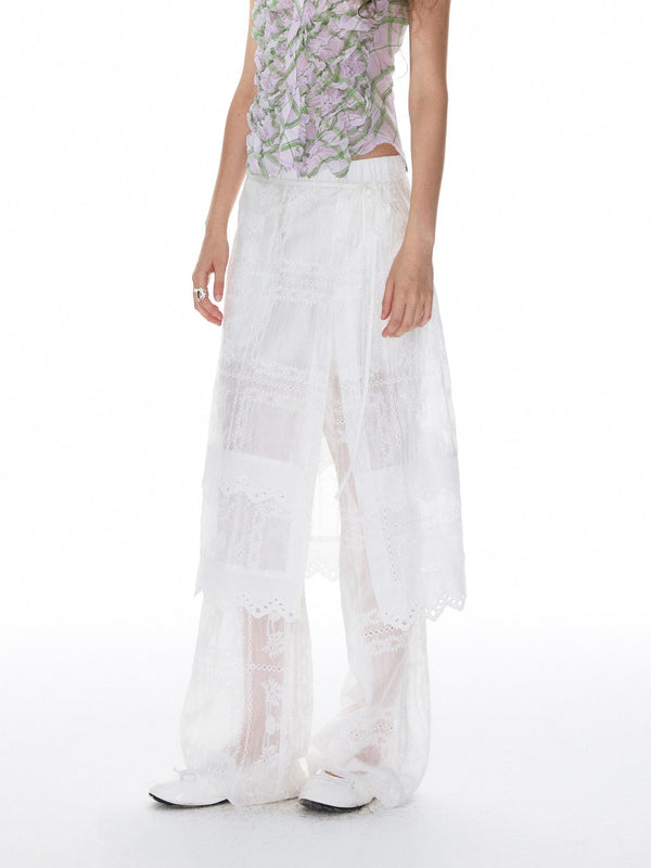 White Jacquard Spliced Lace Trim Women's Lyocell Polyester Blend Skorts