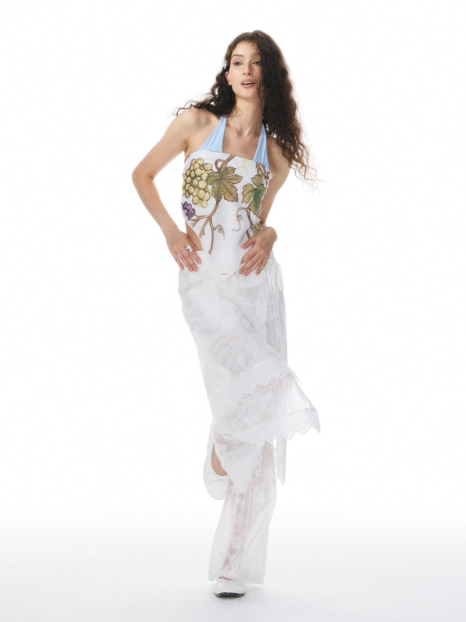 YOSHUYUKI White Jacquard Spliced Lace Trim Women&