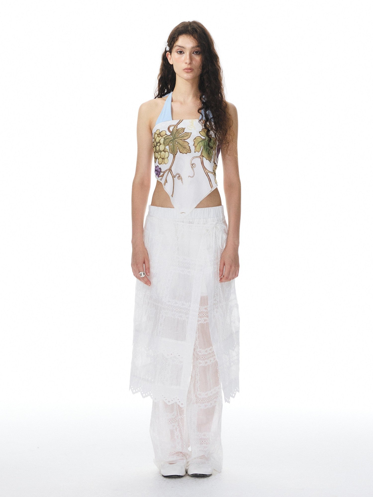 YOSHUYUKI White Jacquard Spliced Lace Trim Women&