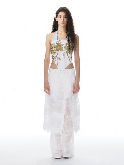 YOSHUYUKI White Jacquard Spliced Lace Trim Women&