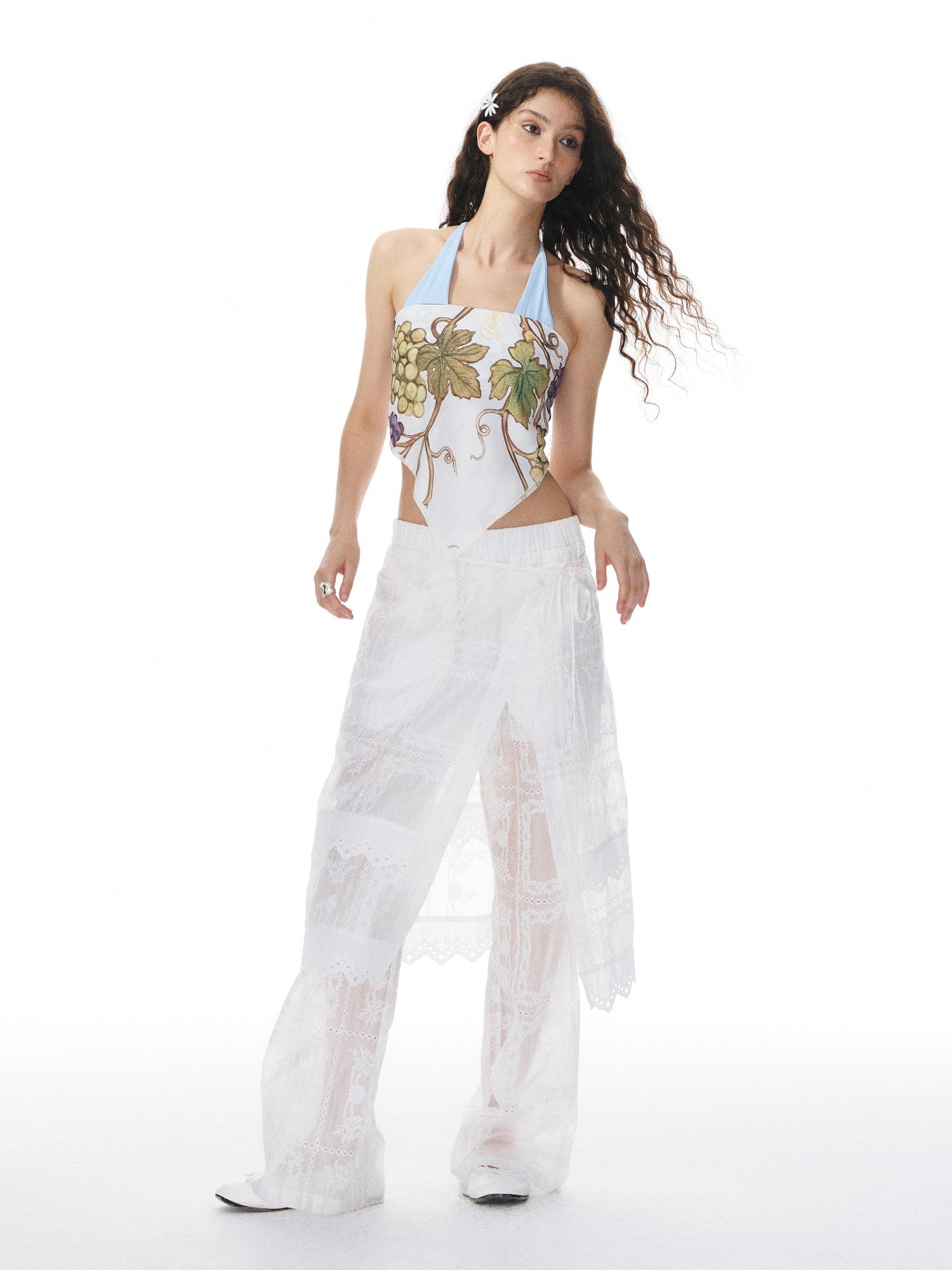 YOSHUYUKI White Jacquard Spliced Lace Trim Women&