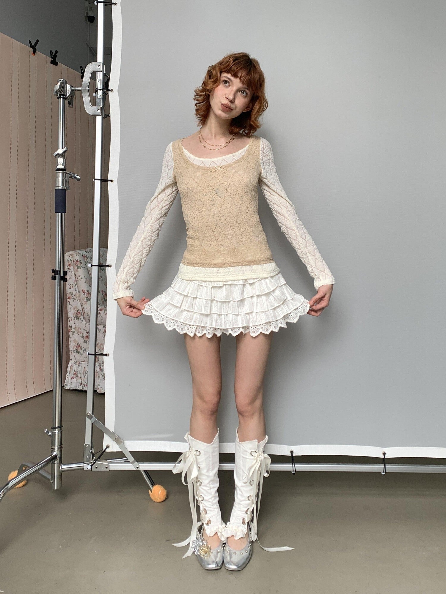 YOSHUYUKI White Lace Ribbon Tie Bow Detail Women&