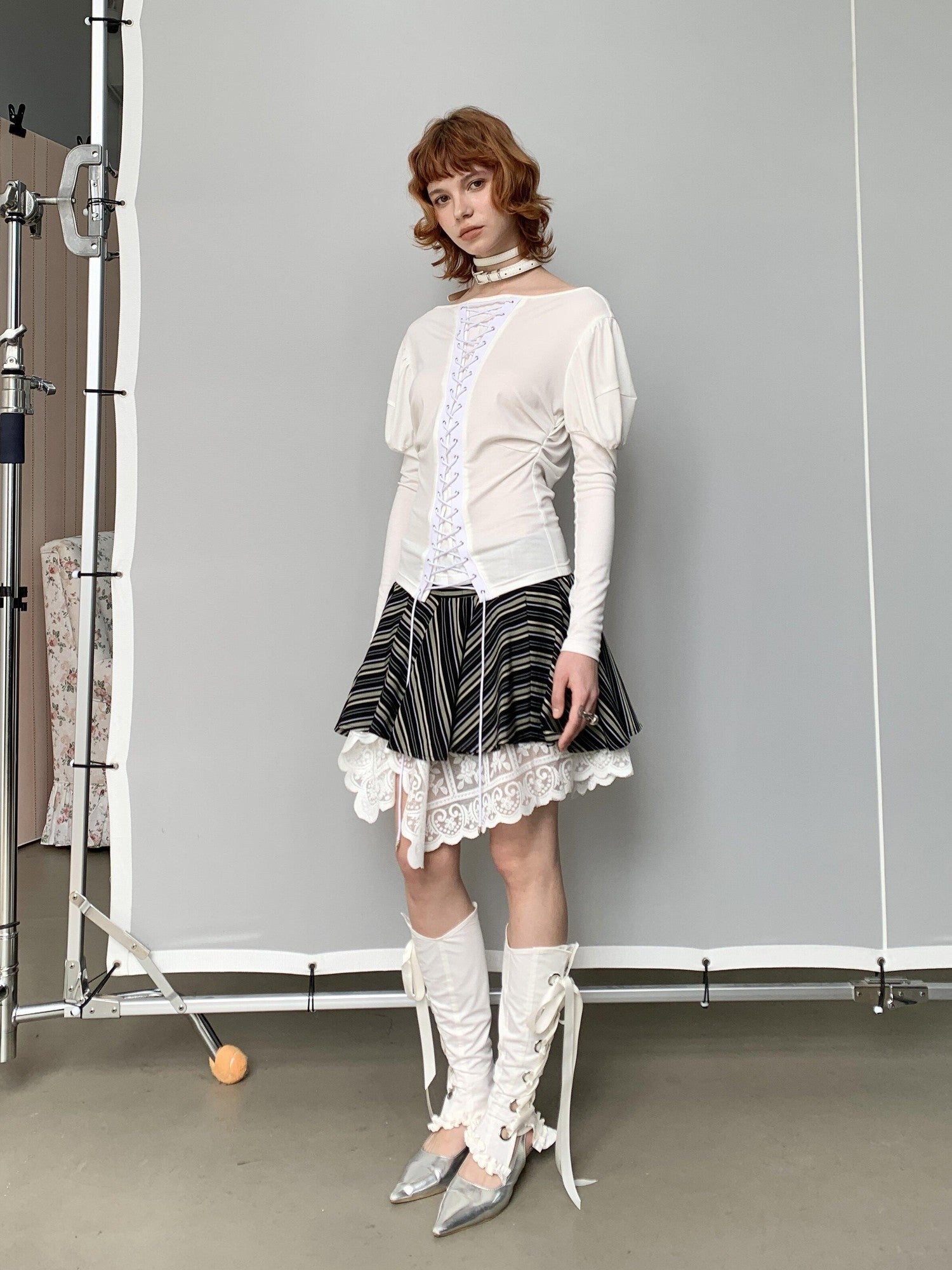 YOSHUYUKI White Lace Ribbon Tie Bow Detail Women&