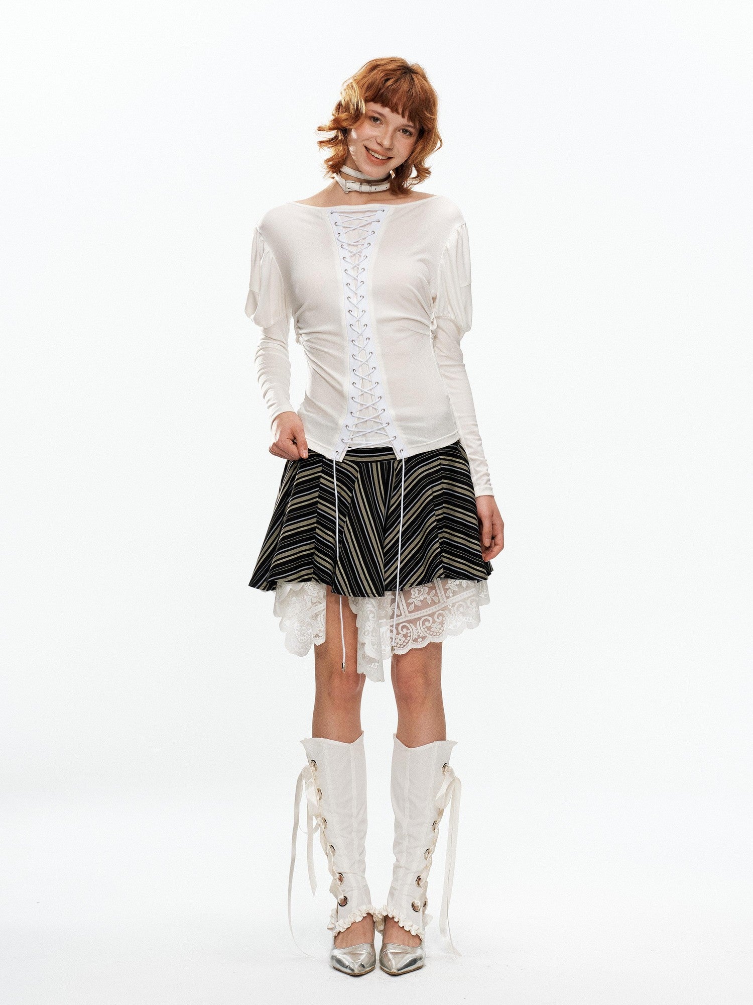 YOSHUYUKI White Lace Ribbon Tie Bow Detail Women&