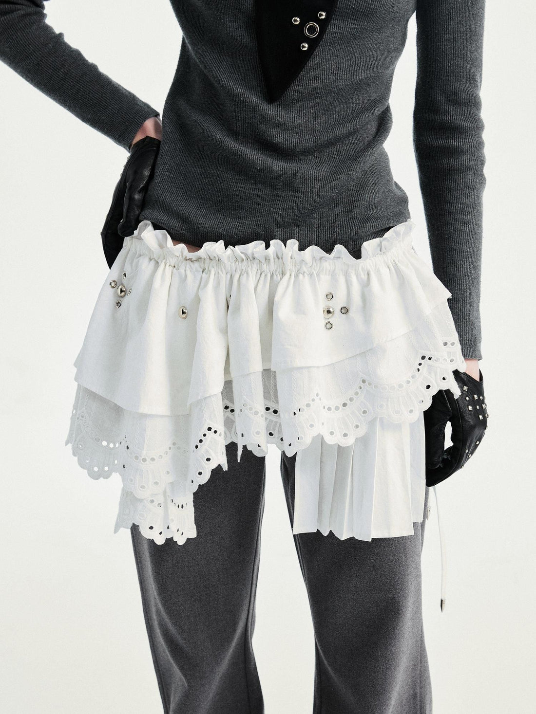 White Multi Layer Lace Asymmetric Waist Tie Punk Women&