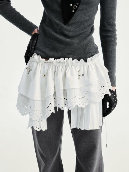 White Multi Layer Lace Asymmetric Waist Tie Punk Women&