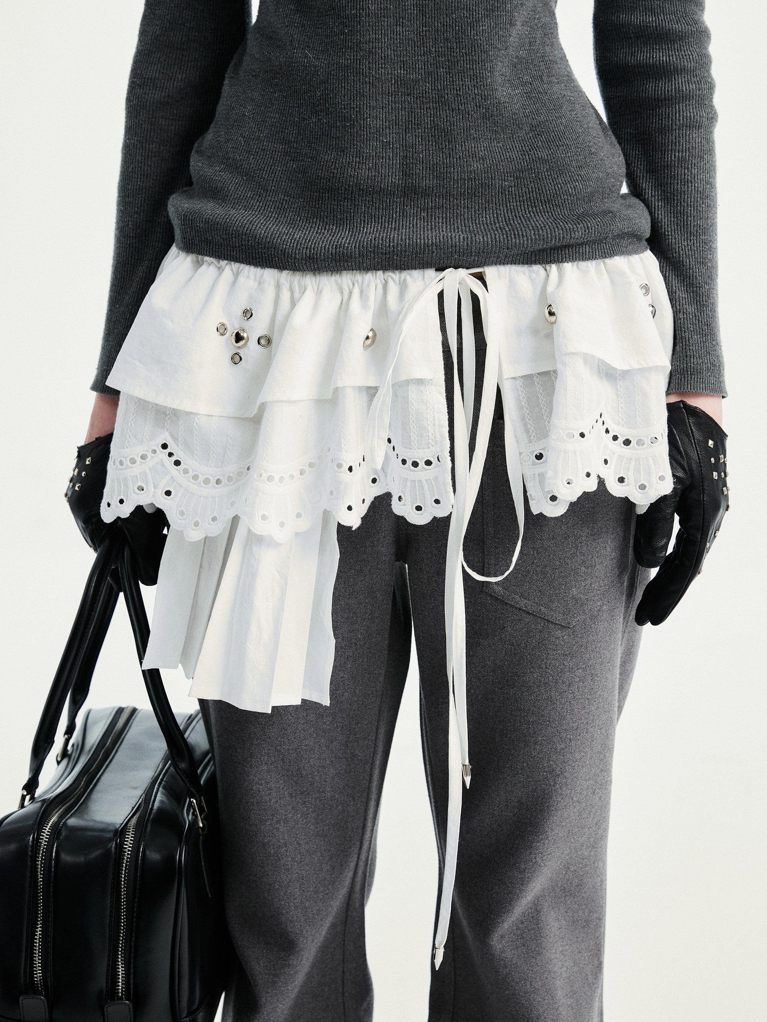 White Multi Layer Lace Asymmetric Waist Tie Punk Women&