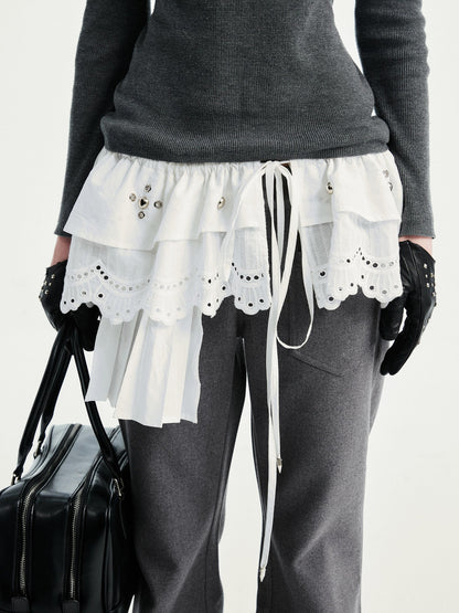 White Multi Layer Lace Asymmetric Waist Tie Punk Women&