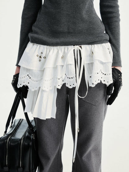 White Multi Layer Lace Asymmetric Waist Tie Punk Women&