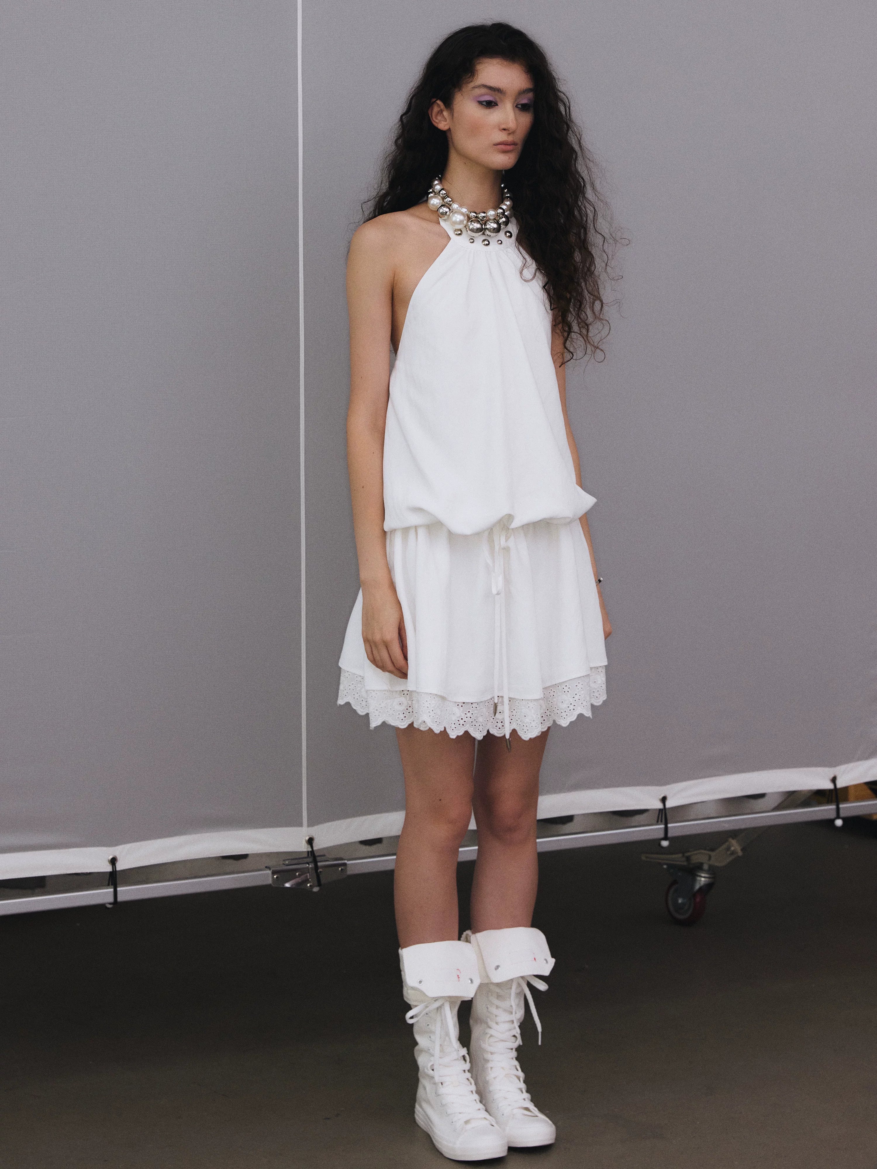 YOSHUYUKI White Studded Drawstring Low Rise A Line Women&