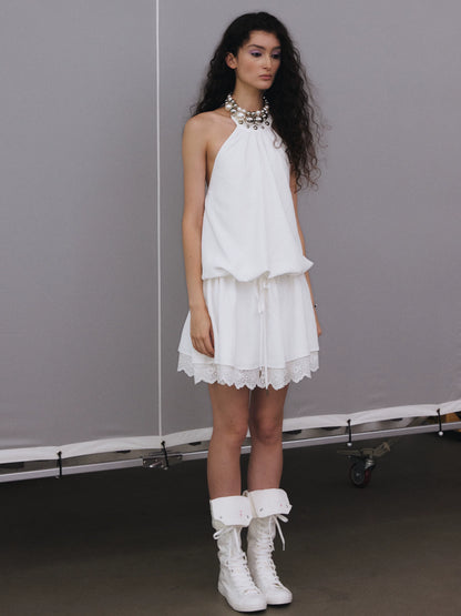 YOSHUYUKI White Studded Drawstring Low Rise A Line Women&