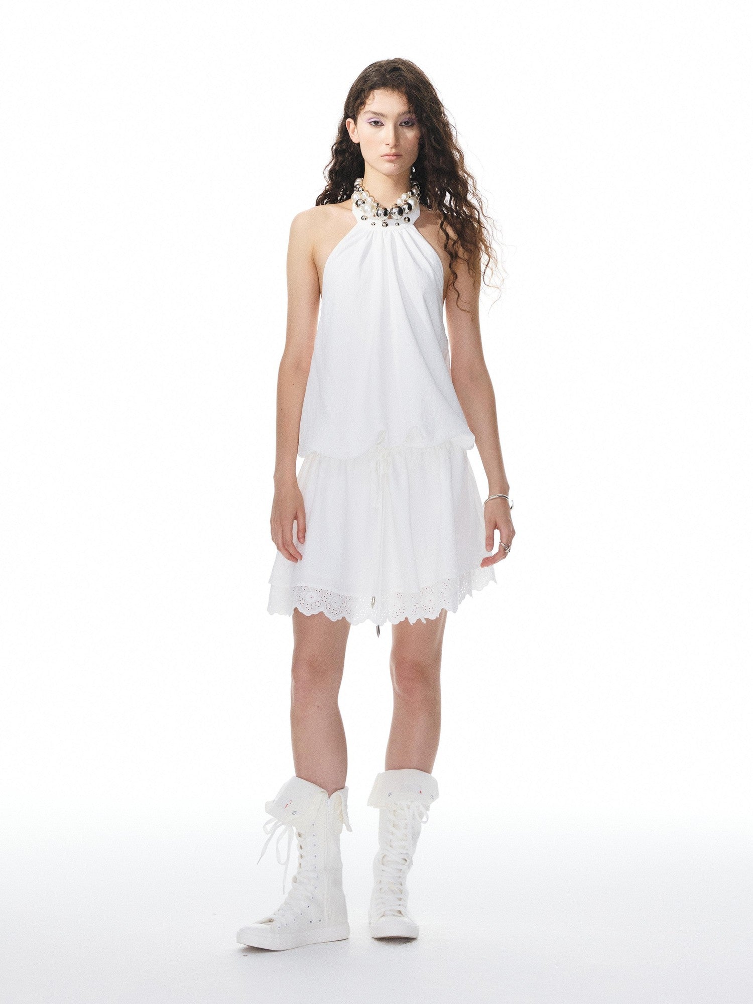 YOSHUYUKI White Studded Drawstring Low Rise A Line Women&