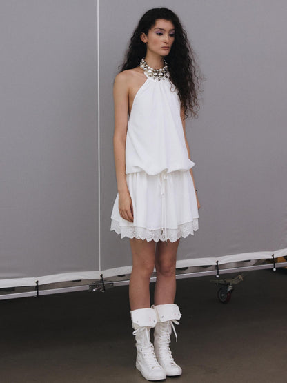YOSHUYUKI White Studded Drawstring Low Rise A Line Women&