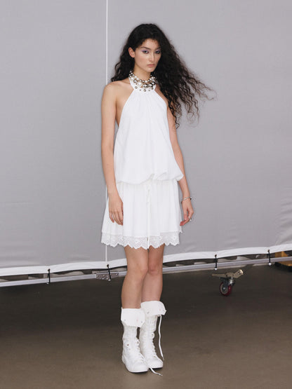 YOSHUYUKI White Studded Drawstring Low Rise A Line Women&