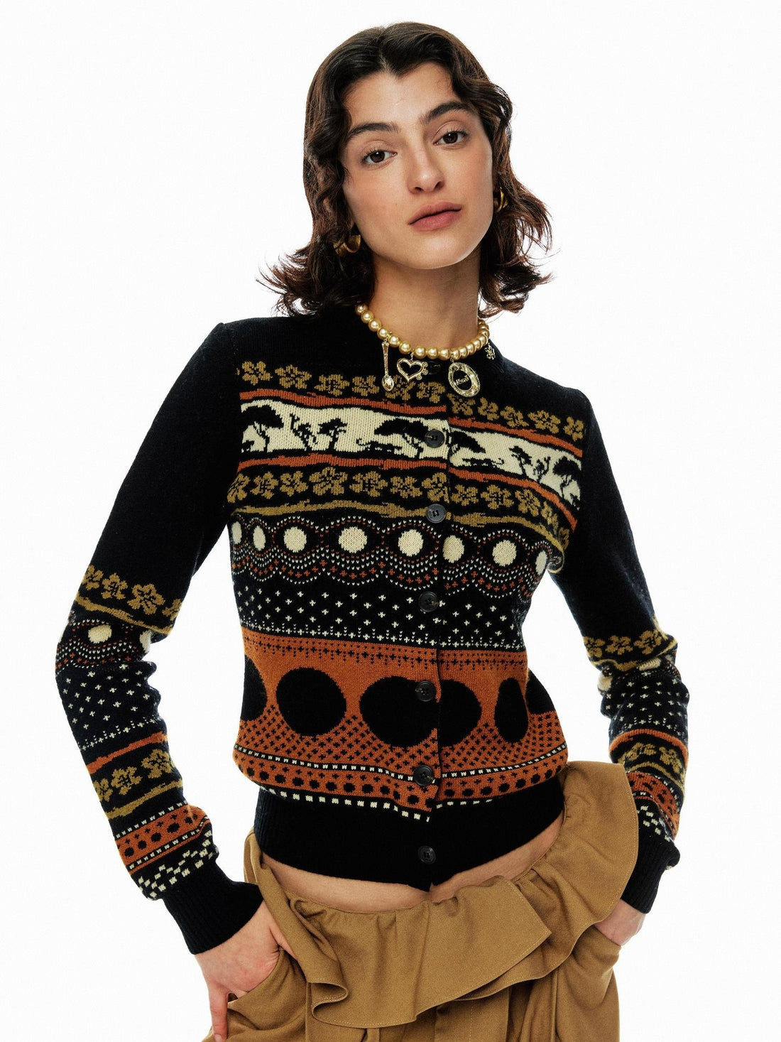 YOSHUYUKI Wool Blend Colorblock Vintage Crewneck Button Unisex Animal Cardigans