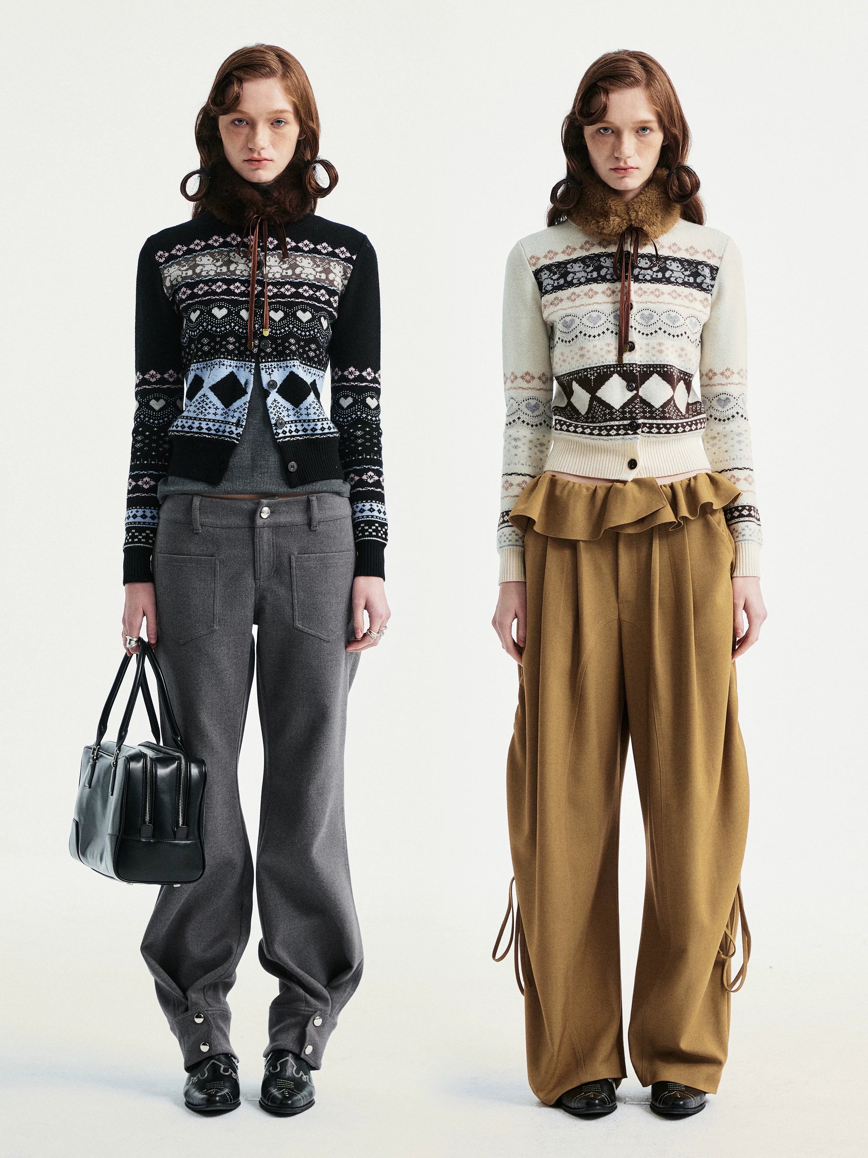 YOSHUYUKI Wool Blend Jacquard Cropped Stand Collar Unisex Bear Button Cardigans-1