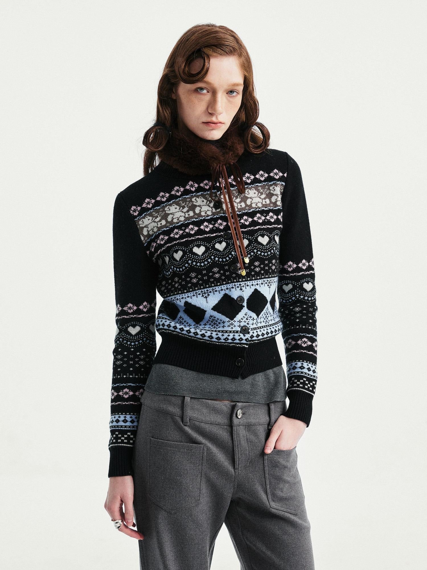 YOSHUYUKI Wool Blend Jacquard Cropped Stand Collar Unisex Bear Button Cardigans