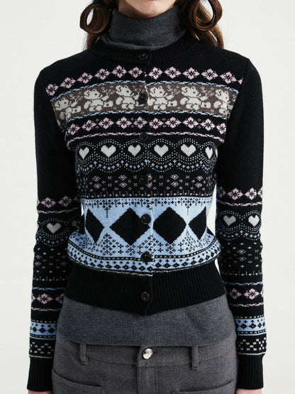 YOSHUYUKI Wool Blend Jacquard Cropped Stand Collar Unisex Bear Button Cardigans