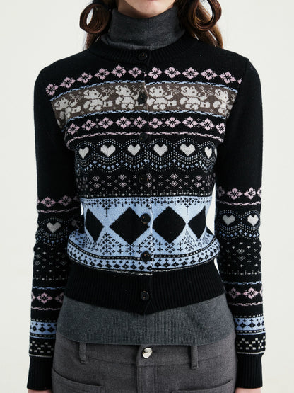 YOSHUYUKI Wool Blend Jacquard Cropped Stand Collar Unisex Bear Button Cardigans-3