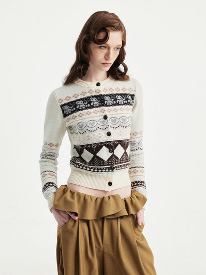 YOSHUYUKI Wool Blend Jacquard Cropped Stand Collar Unisex Bear Button Cardigans