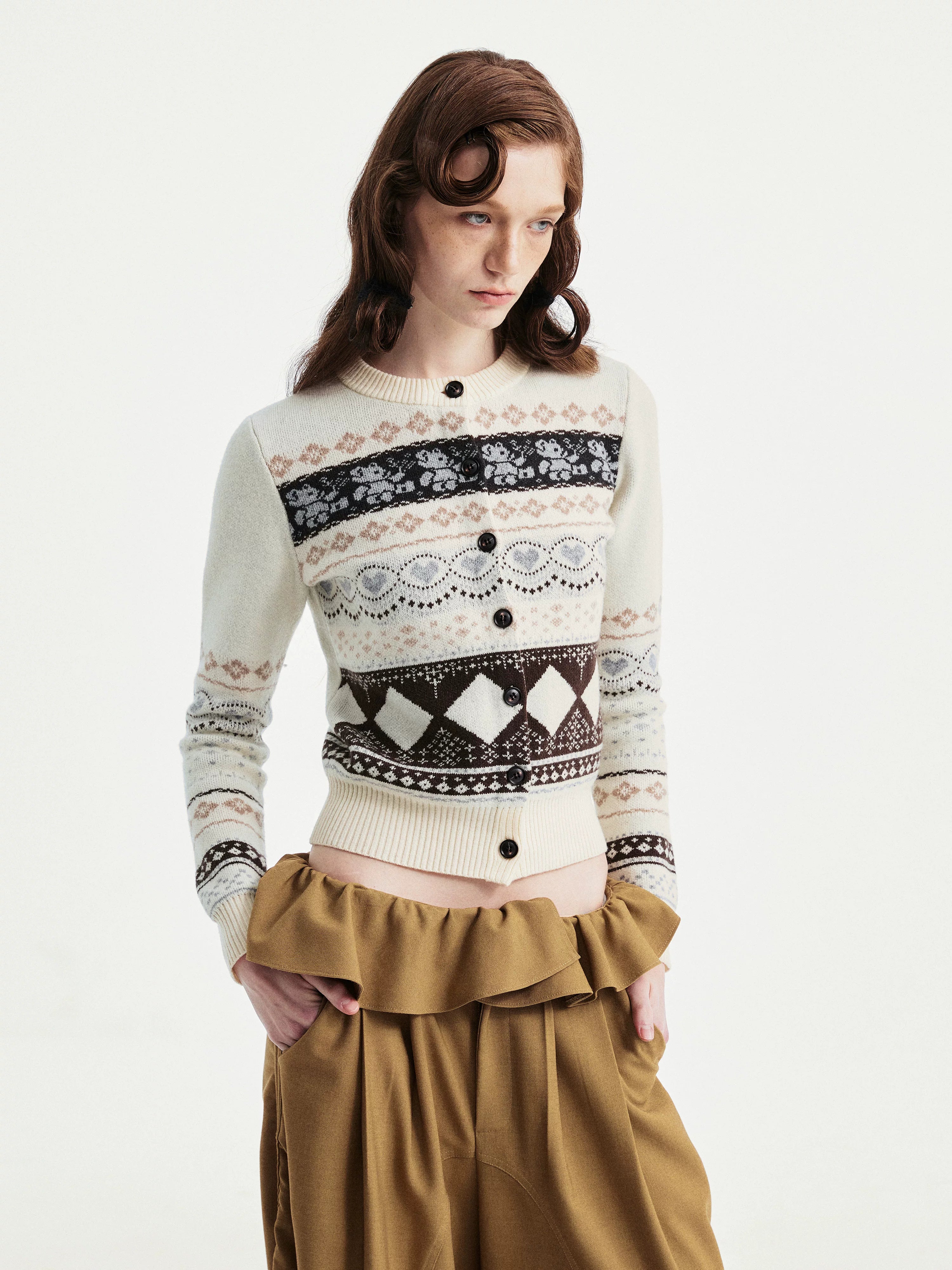 YOSHUYUKI Wool Blend Jacquard Cropped Stand Collar Unisex Bear Button Cardigans-4