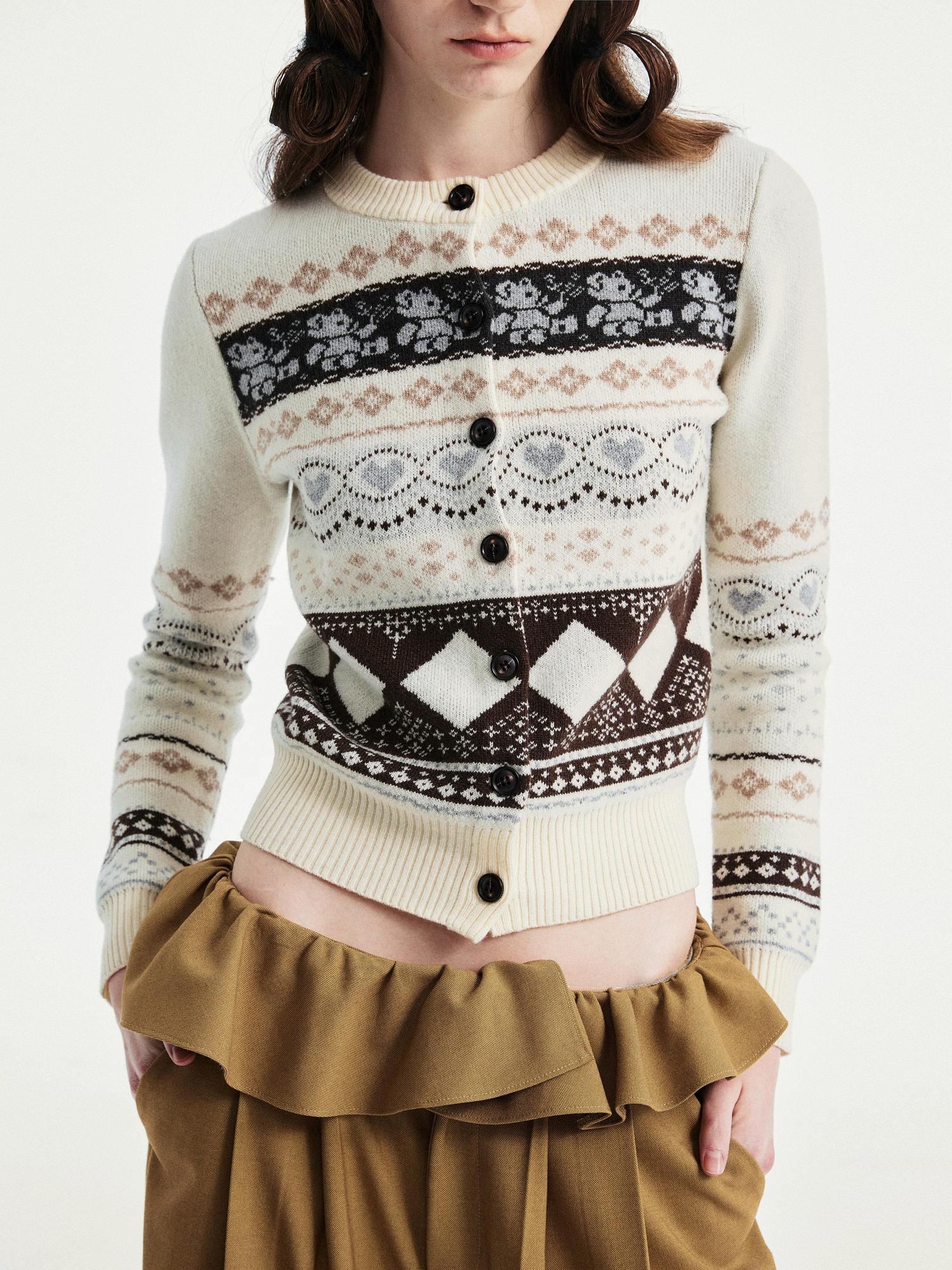 YOSHUYUKI Wool Blend Jacquard Cropped Stand Collar Unisex Bear Button Cardigans