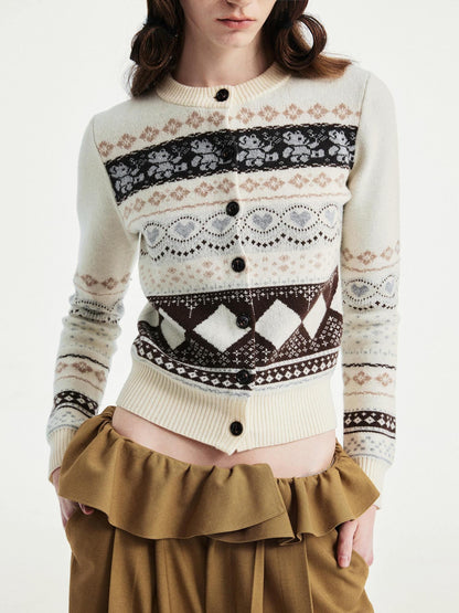 YOSHUYUKI Wool Blend Jacquard Cropped Stand Collar Unisex Bear Button Cardigans