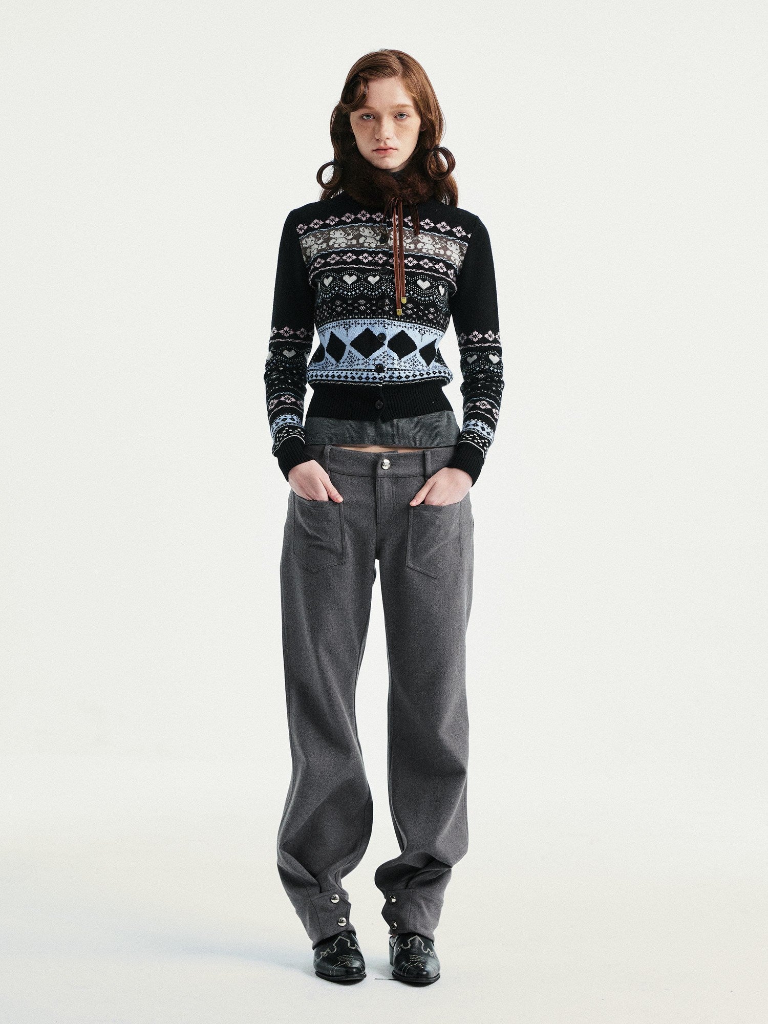 YOSHUYUKI Wool Blend Jacquard Cropped Stand Collar Unisex Bear Button Cardigans