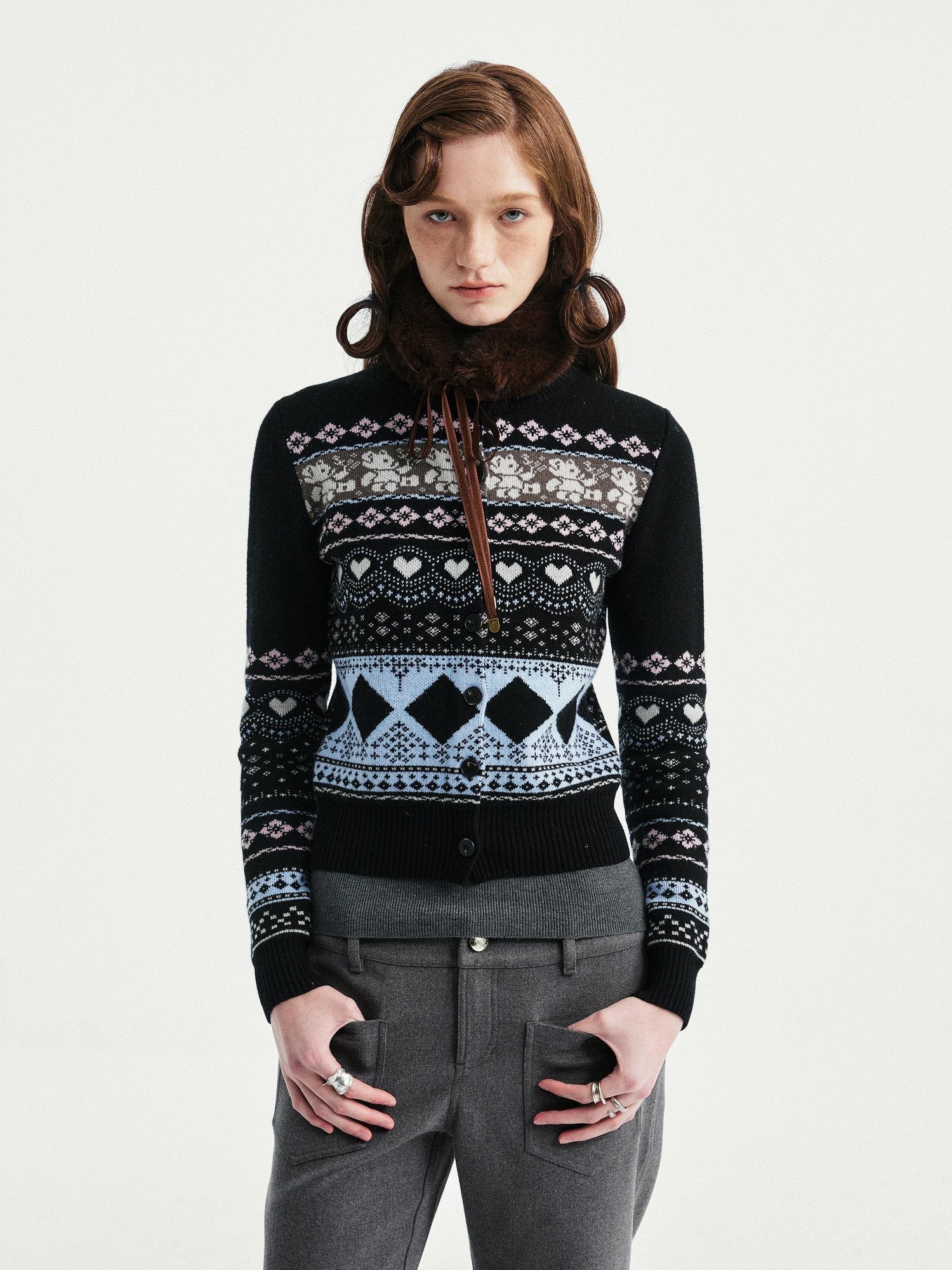 YOSHUYUKI Wool Blend Jacquard Cropped Stand Collar Unisex Bear Button Cardigans