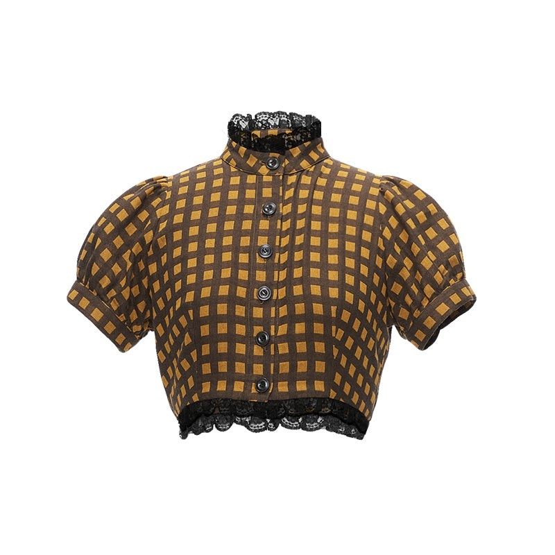 YOSHUYUKI_Yellow_Black_Plaid_Puff_Sleeve_Stand_Collar_Women&